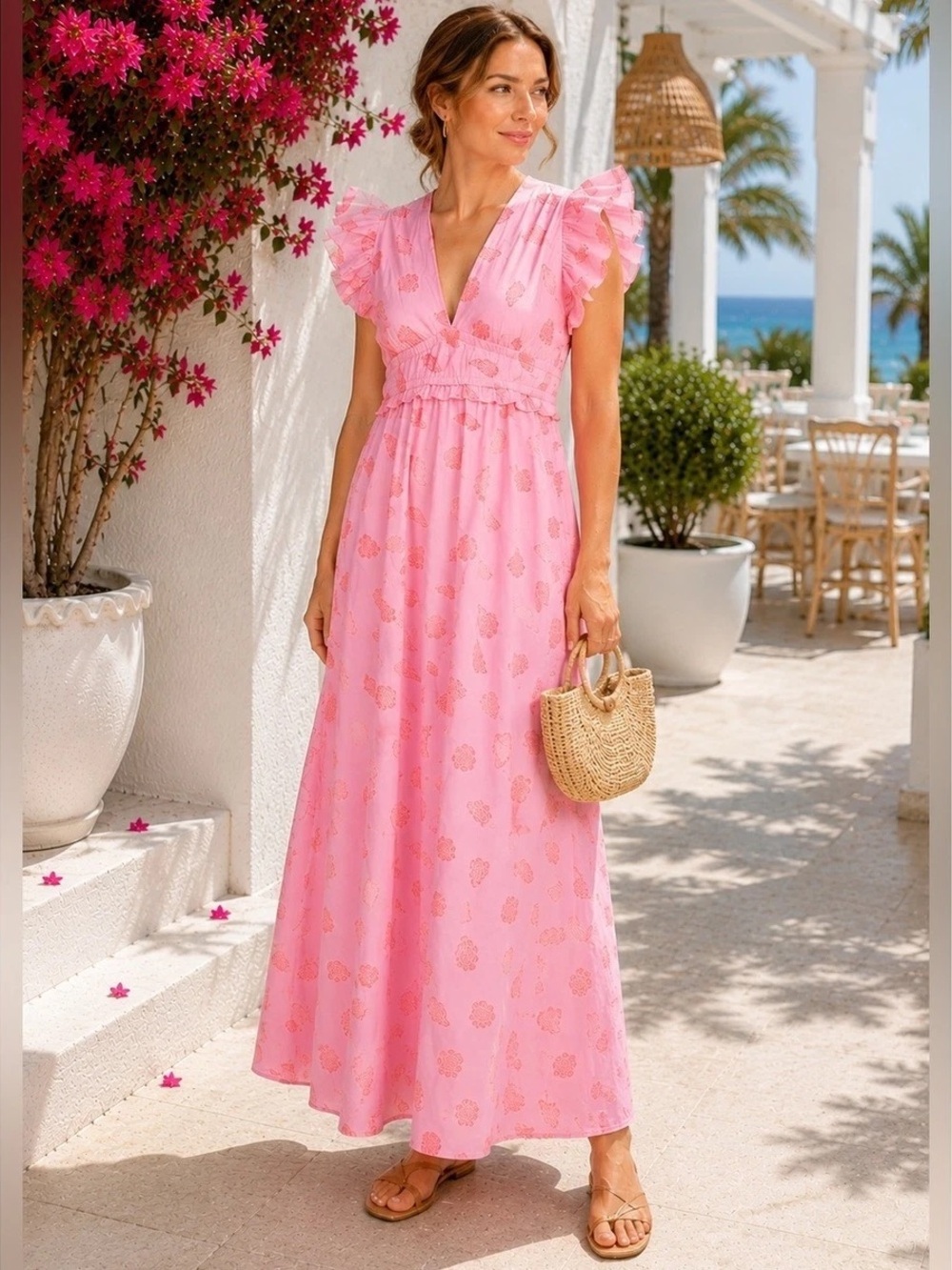 SAIL TO SABLE PINK Orange SEASHELL PRINTED FLUTTER SLEAVE MAXI DRESS SIZE XL